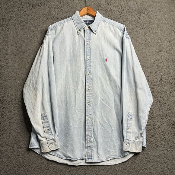 Vintage Ralph Lauren Denim Shirt Men XL Button Down Long Sleeve Light Wash USA - Picture 1 of 13